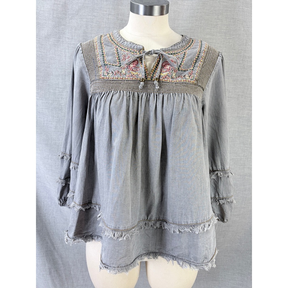 Multiples Embroidered Lyocell Peasant Top Gray Boho Tassel Blouse PM